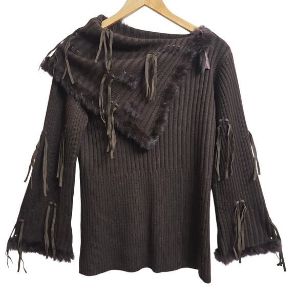Ruby Cho Womens Vtg Y2K Fairy Grunge Wool Blend Fringe Faux Fur Trim Sweater S - Picture 1 of 10